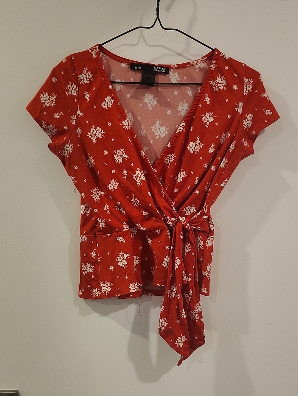 P2P 15.5" Wrap Front Red Floral Tie-Waist Top
